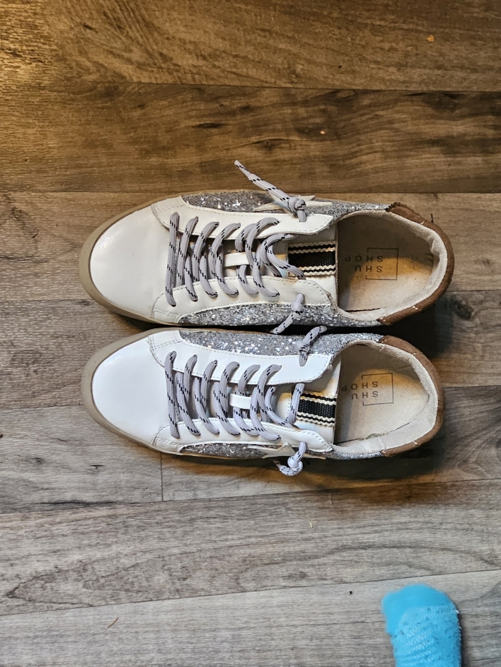 Shu Shop White Leather Sneakers with Silver Glitter Side Panels